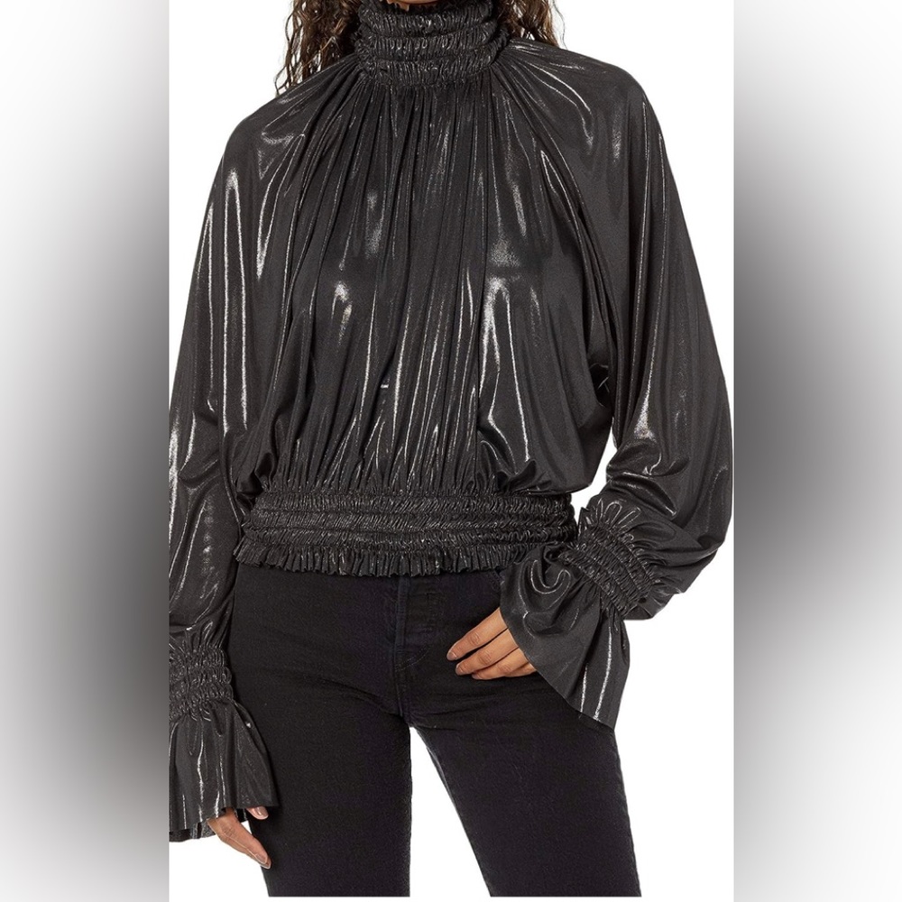 Norma Kamali peasant women’s turtleneck top XL new black metallic
